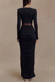 Sexy See-through Long-sleeved V-neck Pleated Slim-fit Maxi Dress