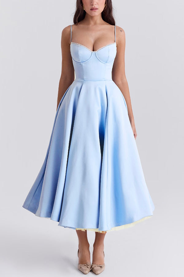 Fairytale Vibe Satin Patchwork Tulle Sweetheart Neck Pocket Stretch Midi Dress