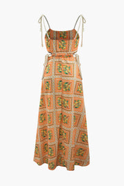 Lilipretty Orange Summer Printed Linen Blend Cutout Tie-up Design Maxi Dress
