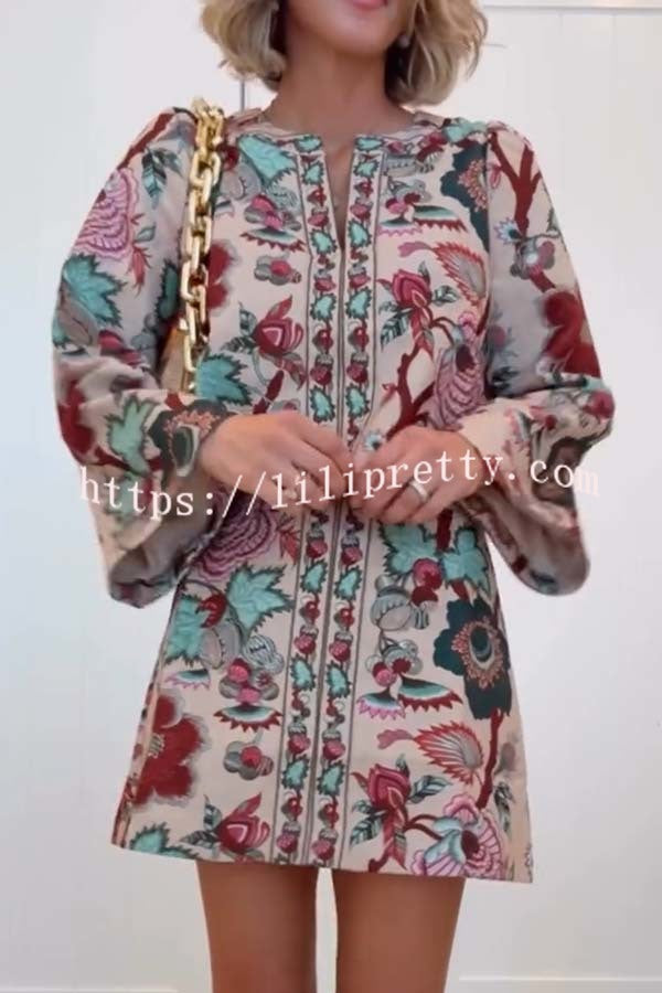 Autumn Garden Printed V-neck Long Bell Sleeve Top and Mid Rise Skirt Set
