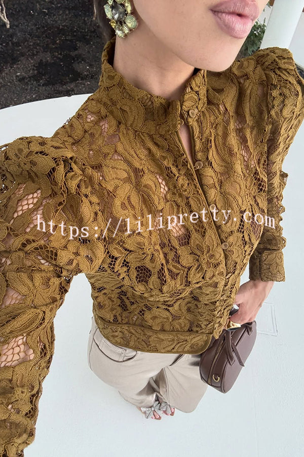 Palace Style Crochet Flower Lace Stand Neck Button Puff Sleeve Jacket
