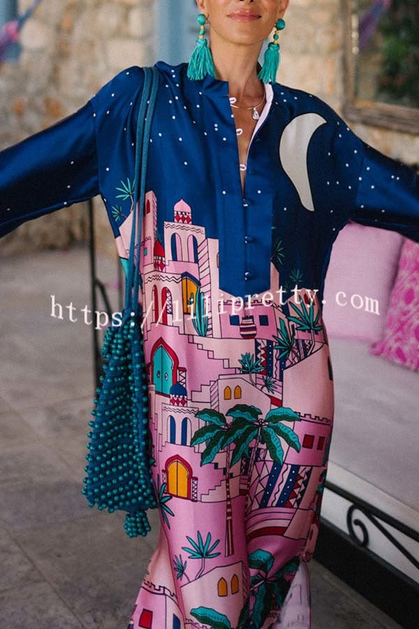 Seaside Stroll Satin Unique Print Button Up Long Sleeve Slit Kaftan Midi Dress