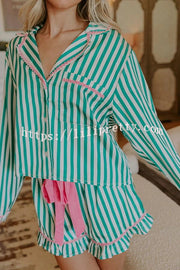 Merry and Bright Satin Striped Color-block Trim Loose Shirt and Elastic Waist Pocket Pajama Set
