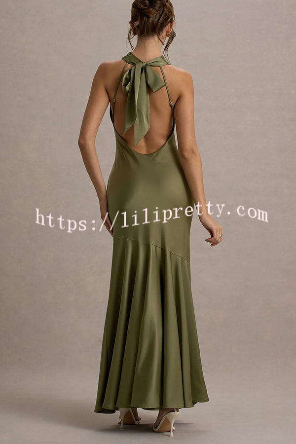 Timeless Sophistication Satin Cowl Detail Back Self-tie Halter Neck Maxi Dress
