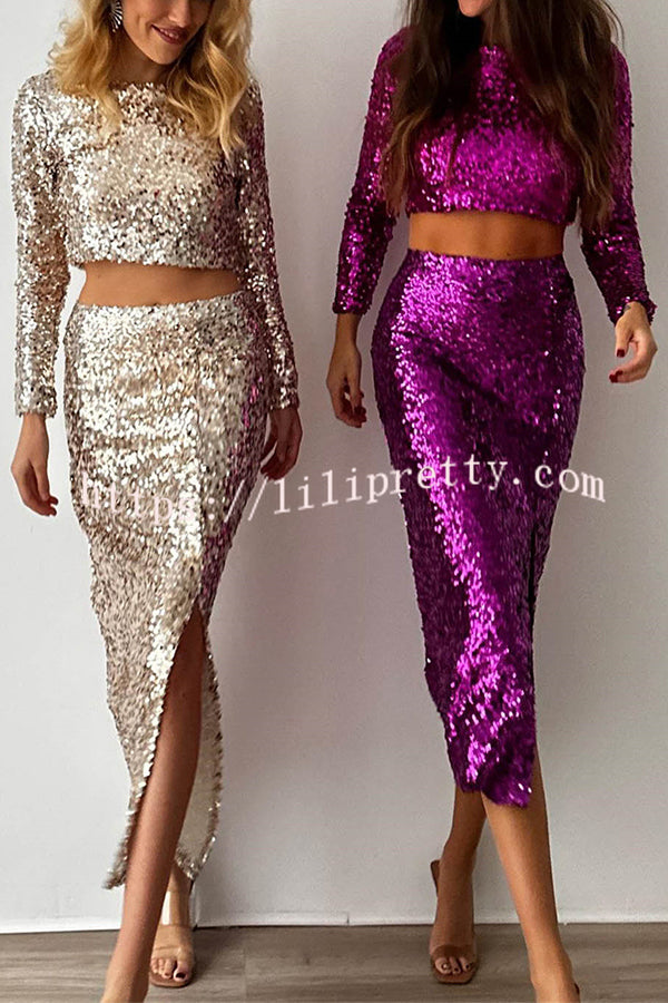 Solid Sequined Long-sleeved Crop Top and Sexy Slit Midi Skirt Set