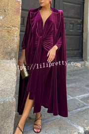Olivienne Luxurious Velvet Padded Shoulders Slit Sleeve Lapel Midi Cape
