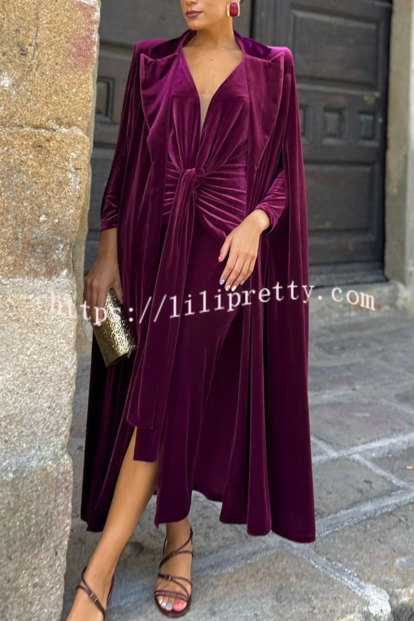 Olivienne Luxurious Velvet Padded Shoulders Slit Sleeve Lapel Midi Cape
