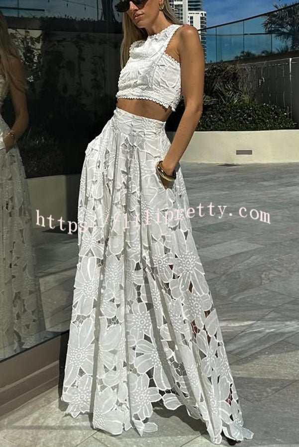 Next Trip Floral Embroidery Crochet Lace Crop Tank Top