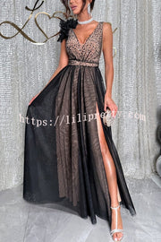 Everlasting Party Sequin Tulle Ruffles Shoulder Design Slit Maxi Dress