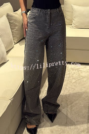Fashion Star Rhinestone High Rise Casual Pocket Straight Loose Jeans