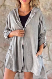 Linen Blend Solid Color Casual Zip-Up Hooded Jacket