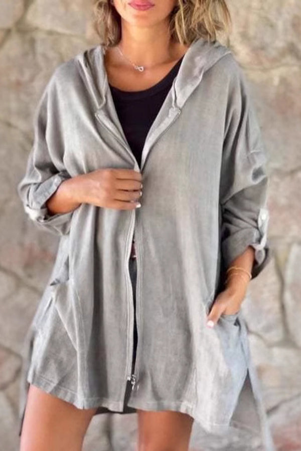 Linen Blend Solid Color Casual Zip-Up Hooded Jacket