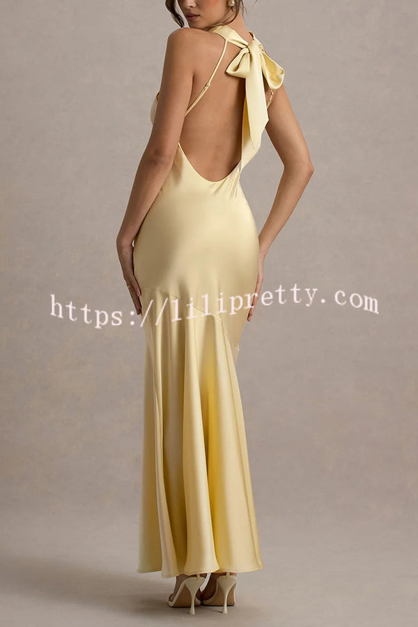 Timeless Sophistication Satin Cowl Detail Back Self-tie Halter Neck Maxi Dress
