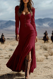 Retro Western Cowboy Style Long Sleeve Button Slim Maxi Dress