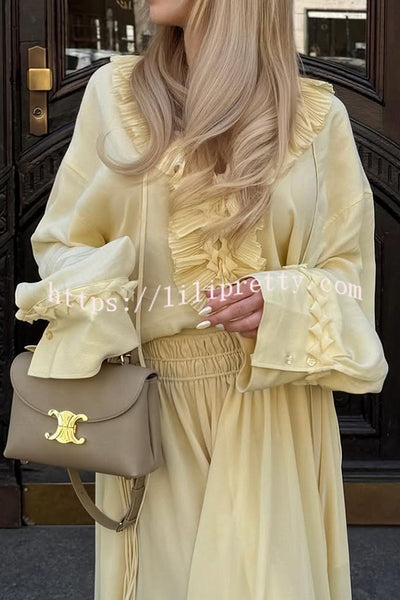 Solid Color Pleated Ruffled Tie Long Sleeve Loose Shirt