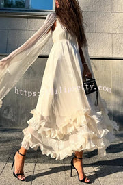 Fashionable V-neck Lace-up Ruffled Double-layer Hem Maxi Dress