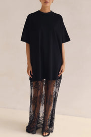 Ophelia Short Sleeve Sheer Floral Lace Hem Oversized T-shirt Maxi Dress