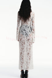 Garcelle Floral Lace Lace-up Long Bell Sleeve Slit Midi Dress