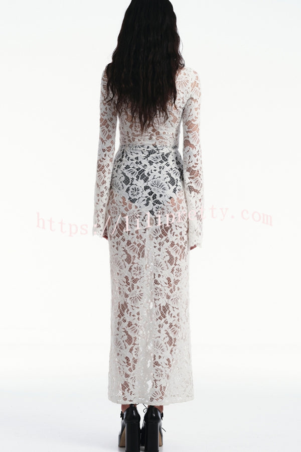 Garcelle Floral Lace Lace-up Long Bell Sleeve Slit Midi Dress