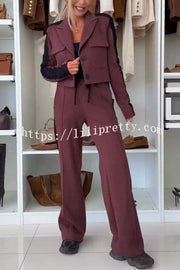 Fashion Lace Panel Long-sleeved Crop Top and Elastic Waist Tie Pocket Casual Pants Set