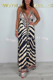 Unique Print V-neck Open Back Loose Maxi Dress