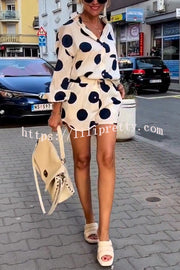 Giselle Linen Blend Polka Dot Print Lapel Long Sleeve Shirt and Elastic Waist Pocket Shorts Set