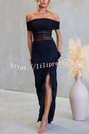Sexy Mesh Off-shoulder Slim Fit Ruffled Slit Maxi Dress