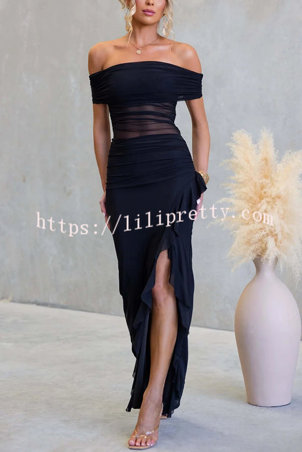 Sexy Mesh Off-shoulder Slim Fit Ruffled Slit Maxi Dress