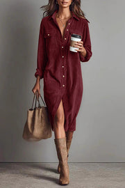 Solid Color Single-Breasted Pocket Casual Shirt-Style Midi Dress