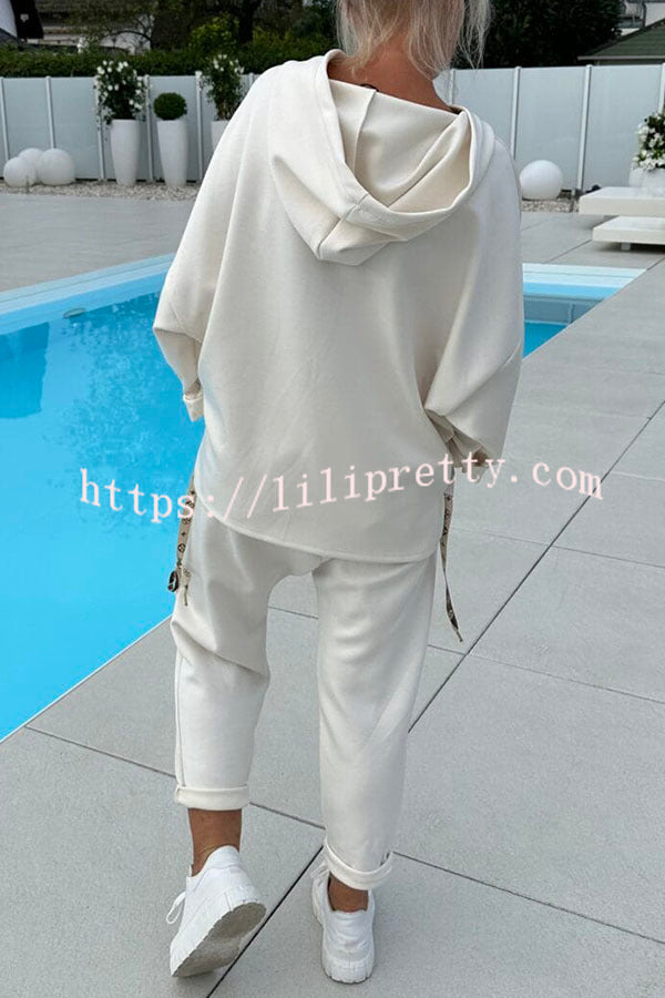 Solid Color Loose Hooded Sweatshirt and Elastic Waist Pocket Pants Set