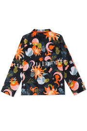 Evening Routine Unique Print Color-block Trim Loose Shirt and Elastic Waist Pocketed Pajama Set