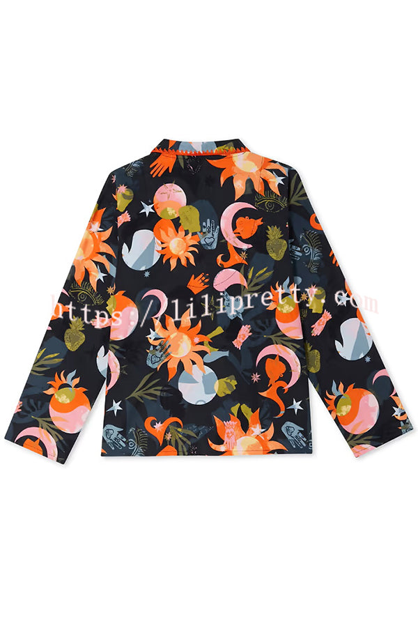 Evening Routine Unique Print Color-block Trim Loose Shirt and Elastic Waist Pocketed Pajama Set
