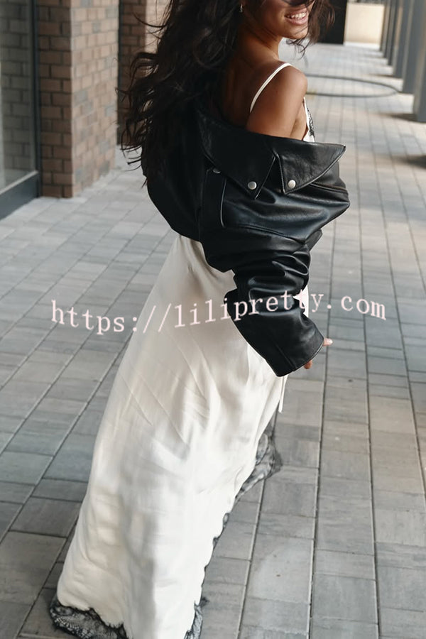Breezy City Fall SatinLace Petal Trim Slip Tie-up H-line Slit Maxi Dress