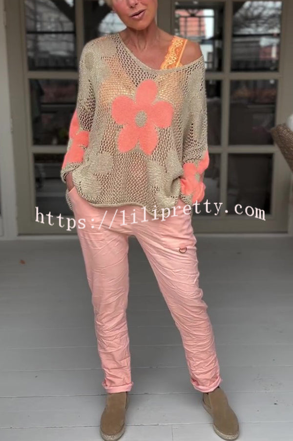 Embroidered Flower Hollow Long-sleeved Holiday Loose Knitted Top