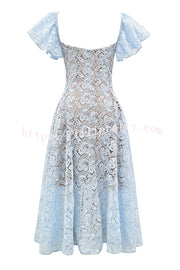 Romantic Atmosphere Bluebell Lace Butterfly Sleeve Sweetheart Neck Stretch Midi Dress