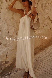 Lilipretty Sea angel Linen Blend Textured Fabric Halter Vacation Maxi Dress