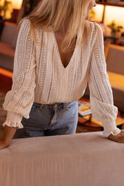 Elegant Openwork V-neck Long-sleeved Casual Shirt