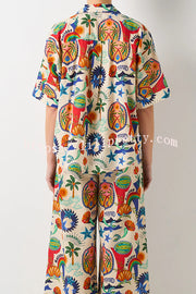 Linen Blend Unique Print Loose Short Sleeve Shirt and Elastic Waist Tie Pocket Pants Set