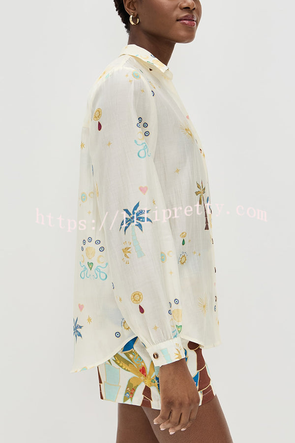 Linen Blend Resort Coconut Palm Print Long Sleeve Lapel Shirt and Elastic Waist Casual Pocket Shorts Set