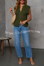 Solid Color Sleeveless Button Pocket Knit Vest