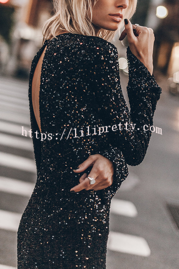 Ignite Sparkly Nights Sequin Extra Long Sleeve Open Back Loose Midi Dress