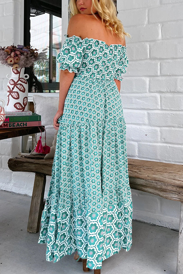 Floral Print Off-the-shoulder Puff-sleeve Pleated Maxi Dress