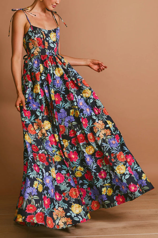 Garden Wedding Floral Print Back Tie-up Pocketed Slit Maxi Dress