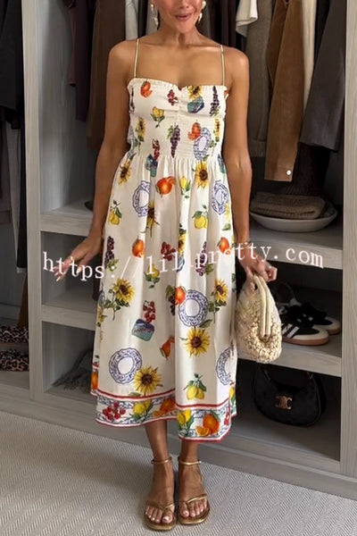 Summer Fruit Print Sling Pleated Vacation Midi Dress