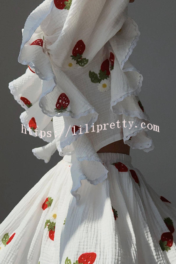 Ranier Cotton Linen Blend Strawberry Print Ruffle Blouse and Elastic Waist Mini Skirt Set