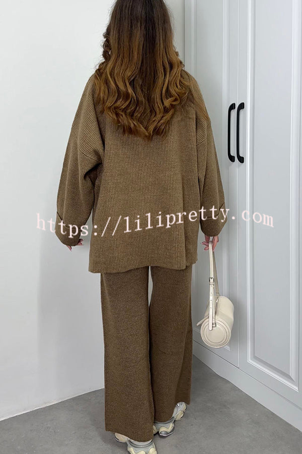 Solid Color Loose Long-sleeved Knit Top and Elastic Waist Casual Straight Leg Pants Set