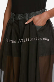 Avant-garde Fashion Denim Flowing Organza Patchwork Pocketed Wide Leg Jeans