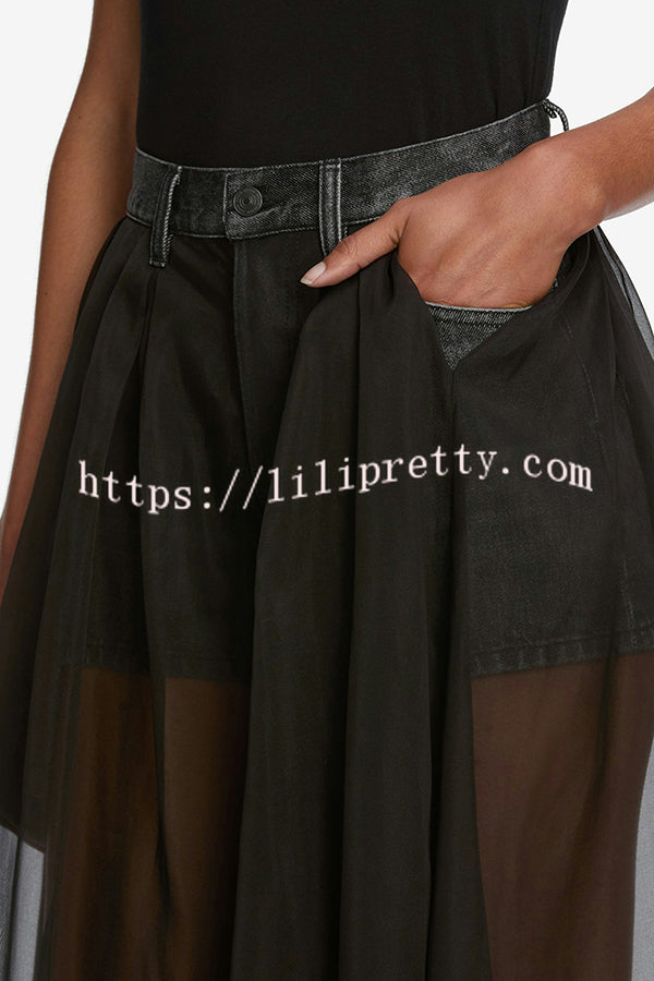 Avant-garde Fashion Denim Flowing Organza Patchwork Pocketed Wide Leg Jeans