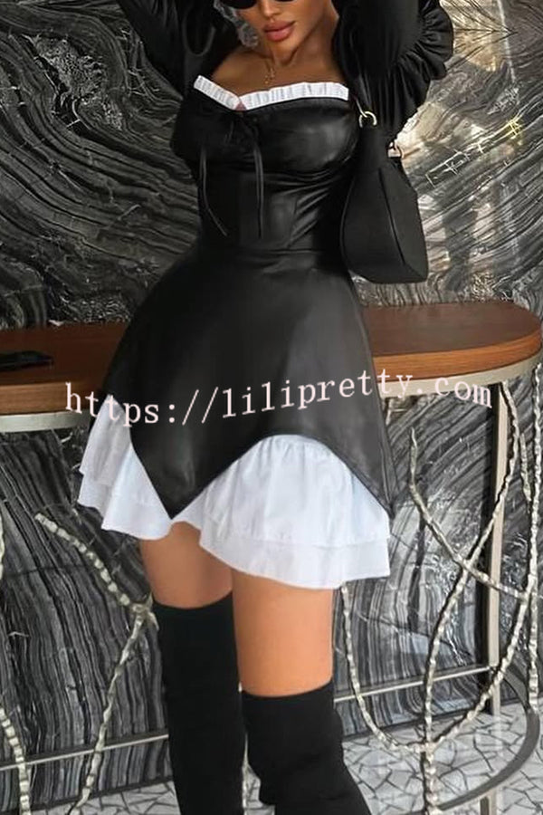 Fashionable Contrast Color Square Neck Long Sleeve Ruffle Hem Mini Dress