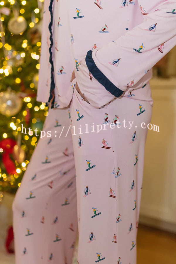 Postcards To Santa Unique Print Ruffles Trim Pocket Shirt and Elastic Waist Pajama Set